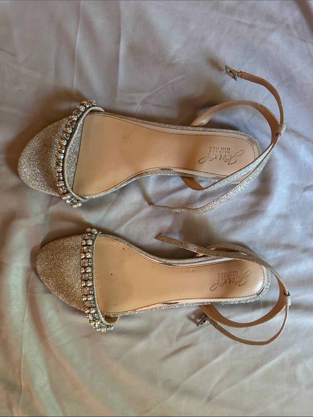 Jewel Badgley Mischka Gold Glitter Jeweled Ankle-Strap Sandals